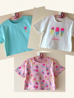 Primark Toddler Girls Ice Cream Graphic Tee Bundle-White, Pink & Aqua, Size 4-5y